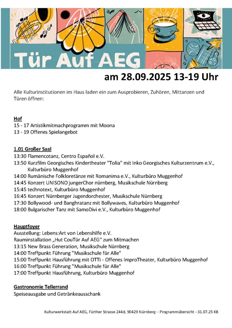 Tür Auf AEG 2025 – Besuchen Sie uns am 28.9.2025 in der Kulturwerkstatt Auf AEG